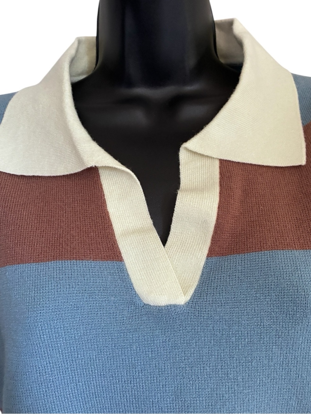 Lucky Brand Grannycore Striped Cropped Polo Sweater Brown Light Blue Cream Sz S - Picture 4 of 9